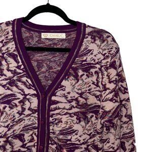 Camela Purple Abstract Print Merino Wool Blend Cardigan - Size Medium